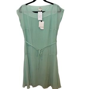 REISS Mint Pistachio Green‎ Silk Cap Sleeve Midi Dress Belted Sheer Overlay Sz 8